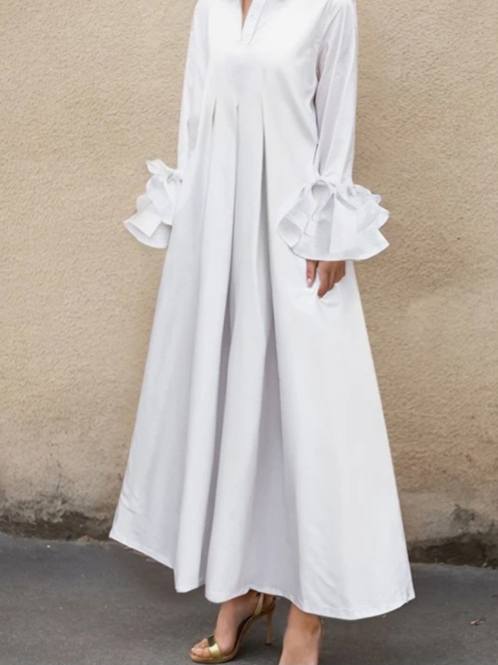 White Maxi Dress with Statement Ruffle Cuffs